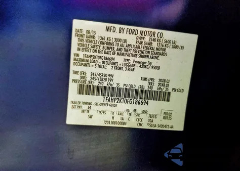 2015 Ford Taurus Sho from USA, damaged, VIN 1FAHP2KT0FG186694